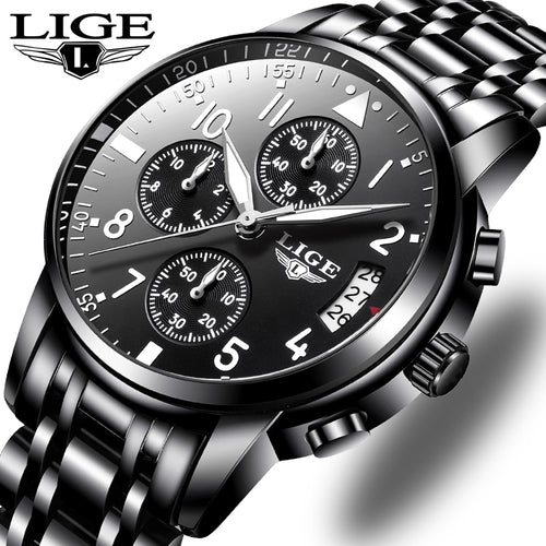 LIGE Mens Watches Top Brand Luxury Fashion Business Quartz Watch Men Sport All Steel Waterproof Black Clock Relogio Masculino