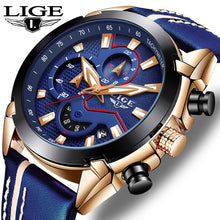 Load image into Gallery viewer, LIGE New Mens Watches Top Luxury Quartz Watch Blue Casual Leather Military Watch Men Waterproof