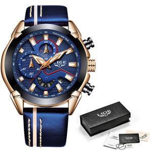 LIGE New Mens Watches Top Luxury Quartz Watch Blue Casual Leather Military Watch Men Waterproof